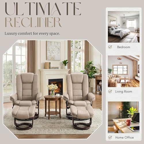 Image of Swivel Recliner Chair with Ottoman Reclining Lounge Sofa Footrest, Set of 2 | 360Sturdy Wood Base, Soft PU Leather, Upholstered Ultra-Plush Foam, Modern Armchair, Living Room Bedroom Office Reading Home