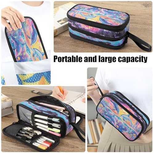 Image of Fustylead Fantastic Dolphins Landscape Large Pencil Case Portable Stationery Bag Cosmetics Bag with Handle for School Office Travel