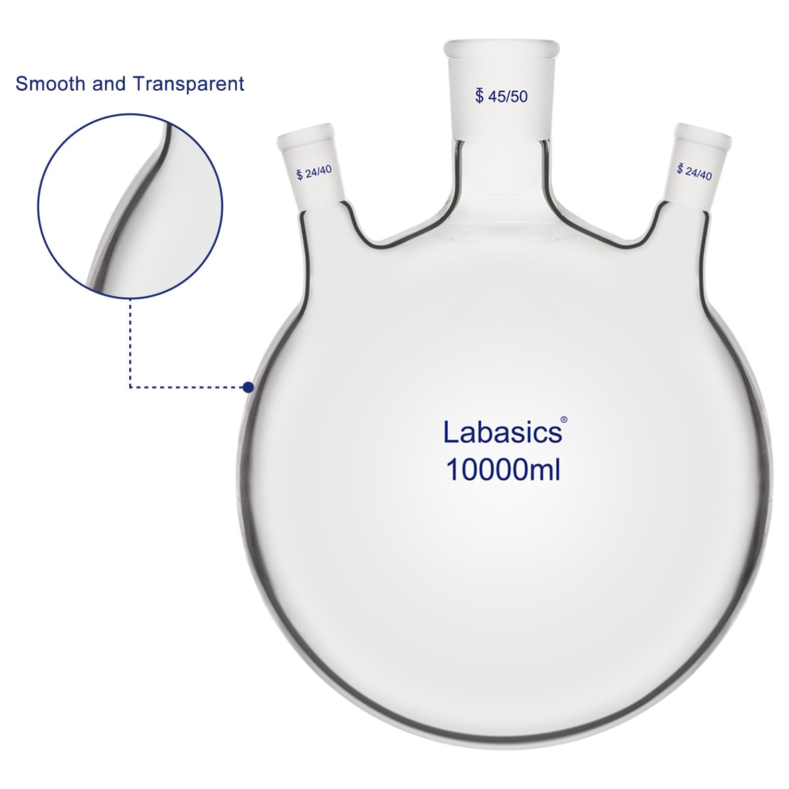 Labasics 3-Hals Rundboden-Siedekolben, 10000 ml Schwerwandiger Borosilikatglas Kolben mit 45/50 Mittel- und Zwei 24/40 Seiten-Schliffen für Mehrstufige Labor-Reaktionen und Erhitzen