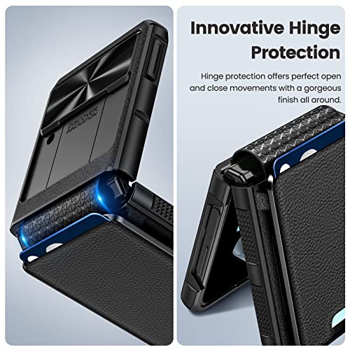 Caka For Flip 4 Case, Galaxy Flip 4 Case Wallet With Card Holder Camera Cover & Hinge Protection Magnetic Leather Cover Works With Magnetic Car Mounts Phone Case For Samsung Galaxy Z Flip 4 -Black #TOP4