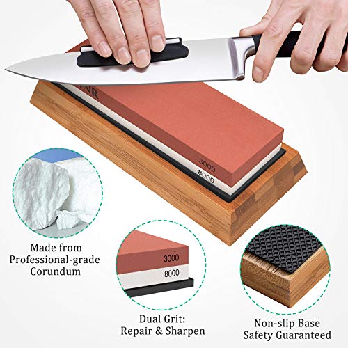 Whetstone Knife Sharpening Stone Set - 4 Side Grit 400/1000 and 3000/8000 Waterstone, Whetstone Sharpener Stone Set Includes NonSlip Bamboo Base, Flattening Stone & Angle Guide