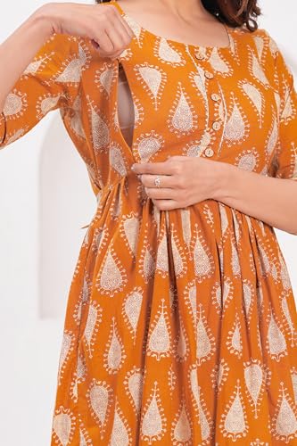 Image of Women's Feeding Kurta Cotton | Floral Anarkali Pregnancy Kurta with Nursing Zipper | Pre & Post Partum | Maternity Dresses | Mom to Be Gift