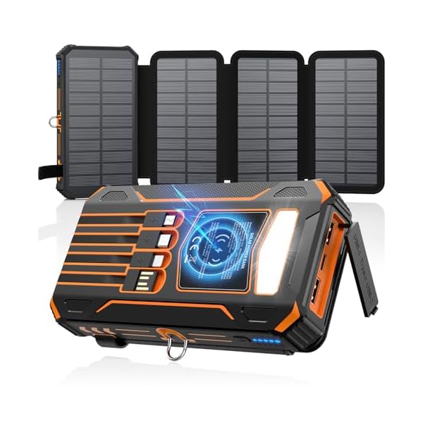 SOARAISE Solar Charger Power Bank – 48000mAh Wireless Portable Charger Built-in 4 Cables and 4 Solar Panels, PD QC 3.0 Fast Charging USB C Battery Pack with Flashlight for Camping Travel
