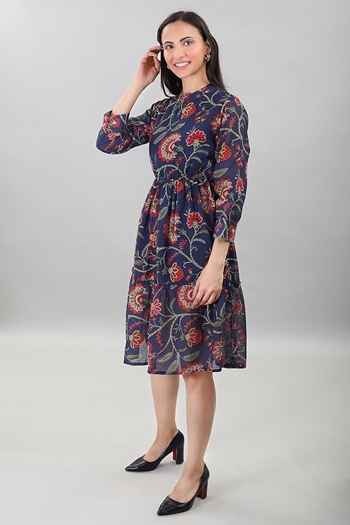 Image of A-Line Floral Printed Fit & Flared Western Brown Dress for Women | One Piece Midi Dress for Women Stylish Western Printed Dresses