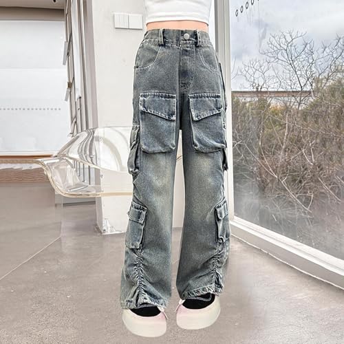 Spring Fashion Denim Cargo Pants for Girls Fashion Preppy Wide Leg Pants Lightweight Solid Color Jeans Multi Pockets2