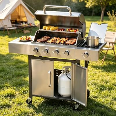 LazySunsets 49000 BTU Stainless Steel Gas Grill, 4-Burner Propane Gas Grill with Side Burner, Cast Iron Cooking Grates & Side Shelves for Patio Backyard Camping