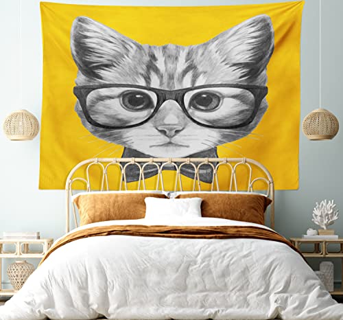 Ambesonne Animal Tapestry, Sketchy Hand Drawn Design Hipster Cat Kitten Glasses Image Print, Wide Wall Hanging For Bedroom Living Room Dorm, 60" X 40", Grey Mustard #TOP4