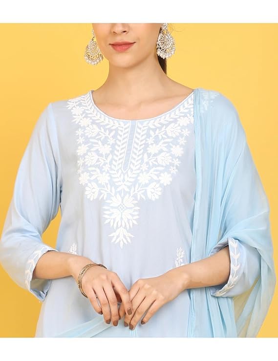 Image of Kaari Women's Chikankari Kurta Set with Dupatta -Straight Fit | Chiffon Dupatta with Embroidered Band | Straight Pant with Side Pocket | Kurta Set for Women