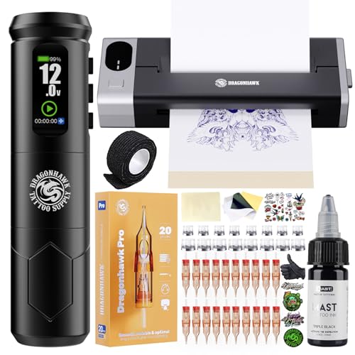 Dragonhawk A1 Pro Tattoo Kit with M6 Thermal Tattoo Stencil Printer - Complete Tattoo Gun Pen Machine Kit Cartridge Tattoo Machine Needles for Beginners
