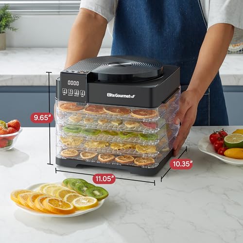 Image of Elite Gourmet EFD422 Digital Food Dehydrator with 5 BPA Free Trays, Top Mounted Fan & Heater, Adjustable Timer and Temperature Controls, Jerky, Herbs, Fruit, Veggies, Snacks, Black