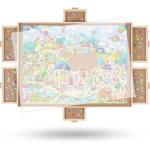1500 Piece Rotating Puzzle Board with Drawers and Cover, 25"x34"Portable Wooden Jigsaw Puzzle Table for Adults Portable, Spinning Puzzle Boards Birthday mom.