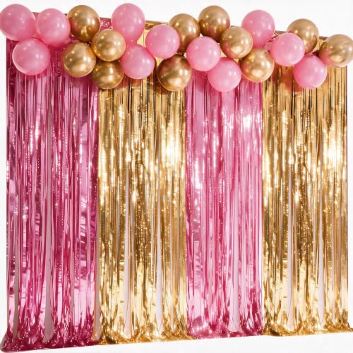 Parxara 4-Pack Pink Gold Foil Fringe Curtain with 20pcs Balloons