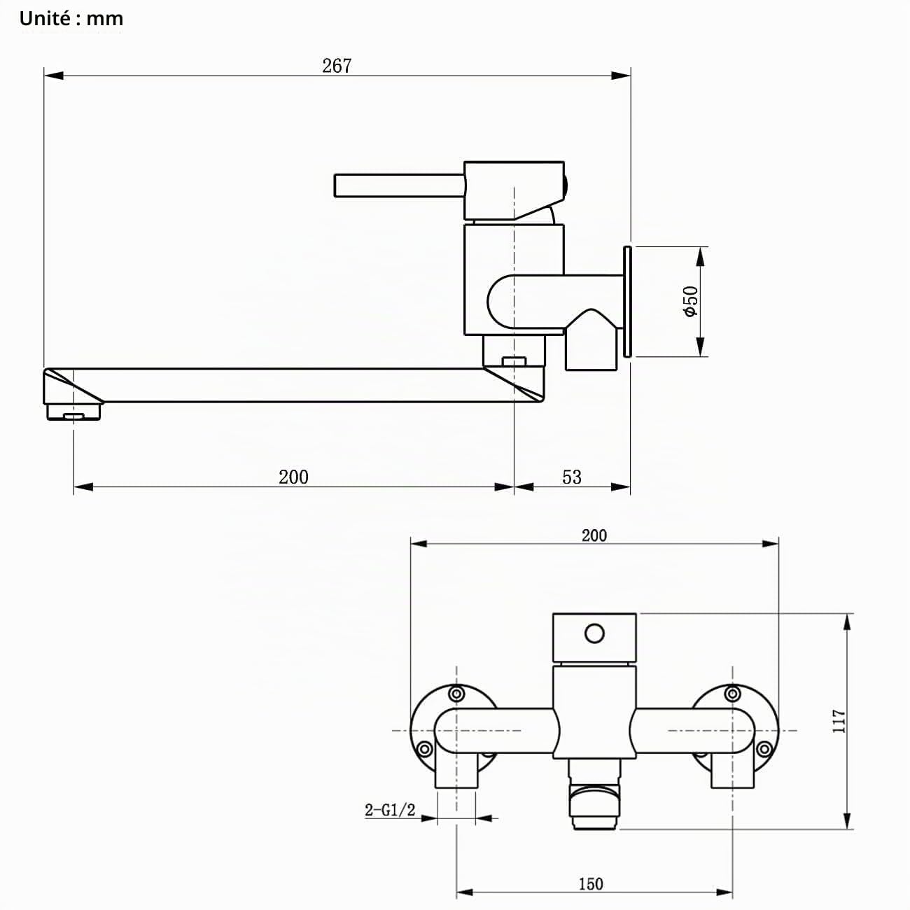 Robinet de Cuisine Exposé Mural, Mitigeur Mural pour Buanderie/Garage, Robinetterie avec Connexion Descendante 1/2", Mitigeur d'Evier Monocommande Rotatif à 180°, Cartouche Céramique, Brossé