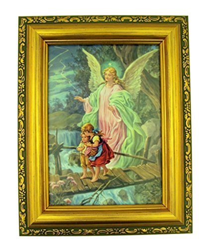 Framed Art Italian Lithograph Guardian Angel Print in Antique Gold