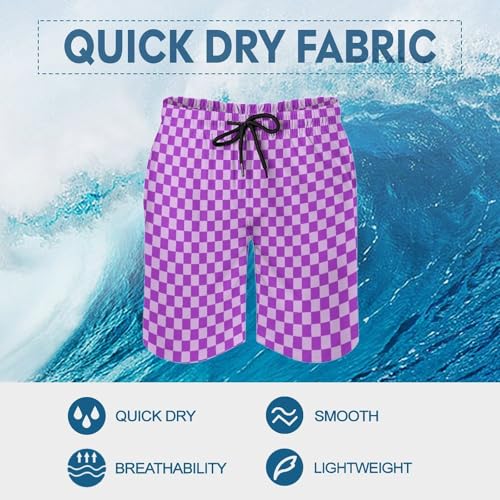 Purple Lilac Checkered Print Mens Swim Trunks, Quick Dry Swim Shorts with Mesh Lining Swimwear Bathing Suits3