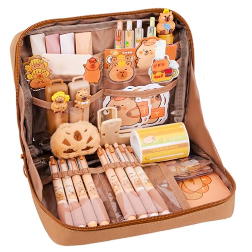 Bukbas Juego de Capibara Papeleria, 62pcs Kawaii Estuche Capibara con Pegatinas Capibara, Bolígrafos, Reglas y Más, Set Papeleria para Niños, Organizador Estuche de Capibara (B)