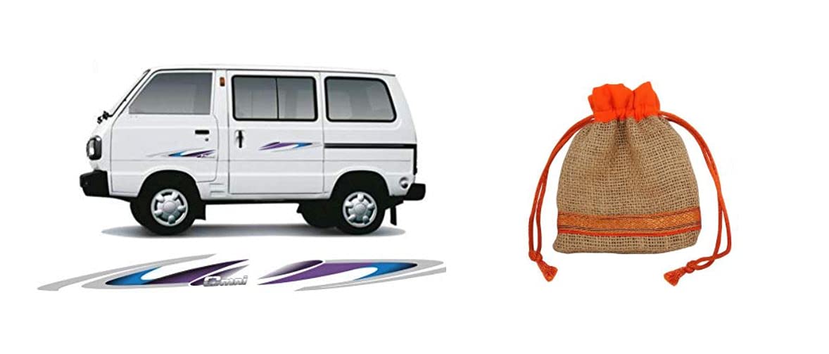 Car Side Decal Full Body Sticker Graphics Decal Wrap Badge Emblem Monogram Logo Symbol Compatible with M-aruti O-mni V-an (Blue and Dark Grey) with (Potli Perfume) Fragrance Bag