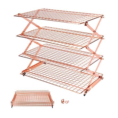 Geesta Rose Gold 3/4-Tier Collapsible Cooling Rack with Adjustable 3 Setting Design Stackable Cooling Roasting Cooking for Cookies Baking