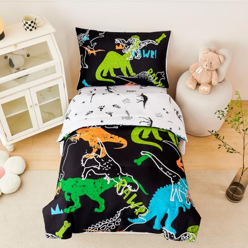 Image of PERFEMET Twin Kids Bedding Sets 4-Piece Cartoon Dinosaur Boys Comforter with Sheets Ultra Soft Reversible Colorful Animal Children Bed in a Bag Set(Dinosaur, Twin)