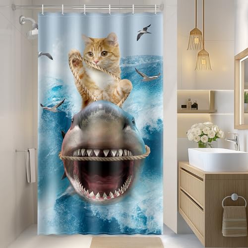 Image of Aimego Stall Small Shower Curtain - Funny Cute Cool Cat Riding Shark Ocean Wave Fun Narrow Half Fabric Cloth Shower Curtain Set for Adults Kids Bathroom Decor Accessories Bath Curtain, 36 inchx72 inch