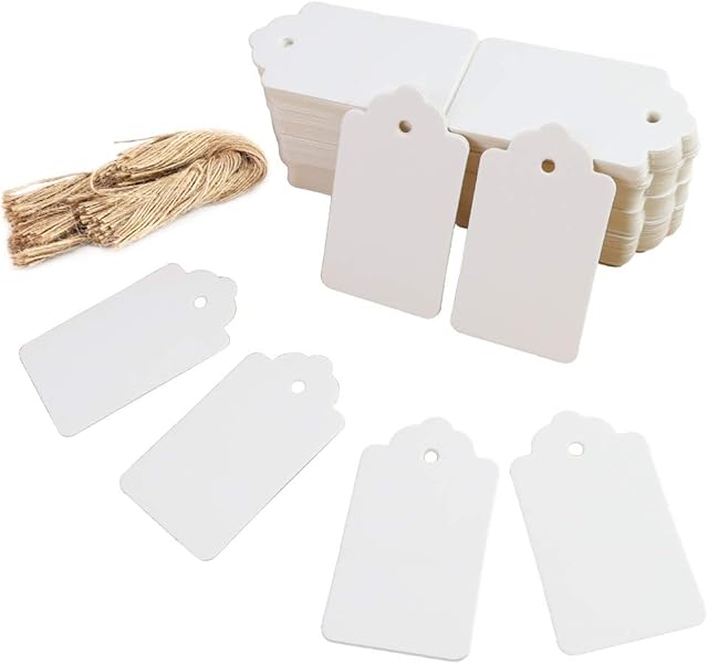 HAKACC 200pcs White Paper Gift Tags with Free 200 Feet Natural Jute Twine(Water Ripple)