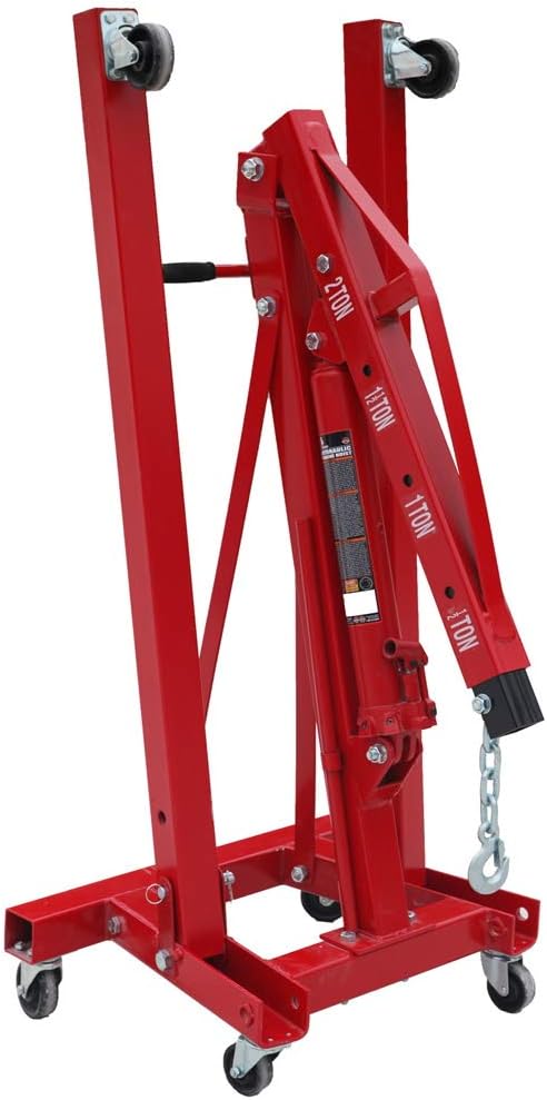 2 Ton / 4000 lbs Steel Garage Shop Crane Engine Hoist with Folding Frame, Hydraulic Long Ram Jack and 4 Position Reinforced Boom, Red