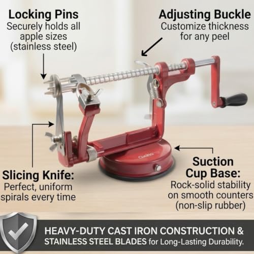 Image of Apple Peeler and Corer by Cucina Pro - Long Lasting Chrome Cast Iron with Countertop Suction Cup | Countertop Hand Crank for Fruits, Potatoes or Veggies, Picking Season- Pie, Treat Dessert Baking, Must Have Fall Kitchen Tool