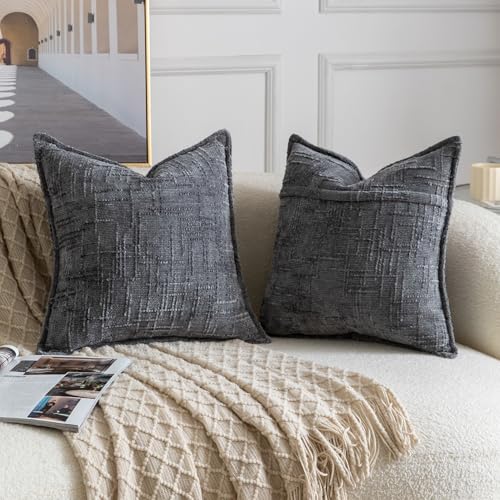 Image of MADIZZ Pack of 2 Chenille Throw Pillow Covers 18x18 Inch Dark Grey Soft Neutral Decorative Throw Pillows for Couch Sofa Boho Accent Cushion Covers Modern Farmhouse Home Decor for Bedroom Living Room