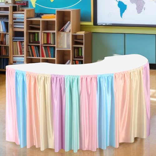 Image of Oudain Macaroon Table Skirt for Teacher Desk 29.5 inch x 13.8 ft Colorful Wrinkle Table Cover Skirt Macaroon Birthday Party Decorations for Classroom Kidney Shaped Desk Back to School Supplies
