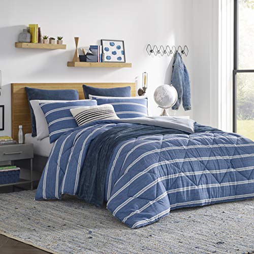 Nautica | Keller Collection | Ultra Soft & Cozy Silky Microfiber Reversible Box Quilted Comforter Matching Shams, 3-Piece Bedding Set, Queen, Blue/Grey #TOP9