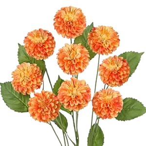 Hollyone Lot de 3 branches de dahlias artificielles orange avec 9 têtes de fleurs, arrangement floral dahlia, longue tige, fausse fleur pour vase, table, centre de table, décoration de mariage