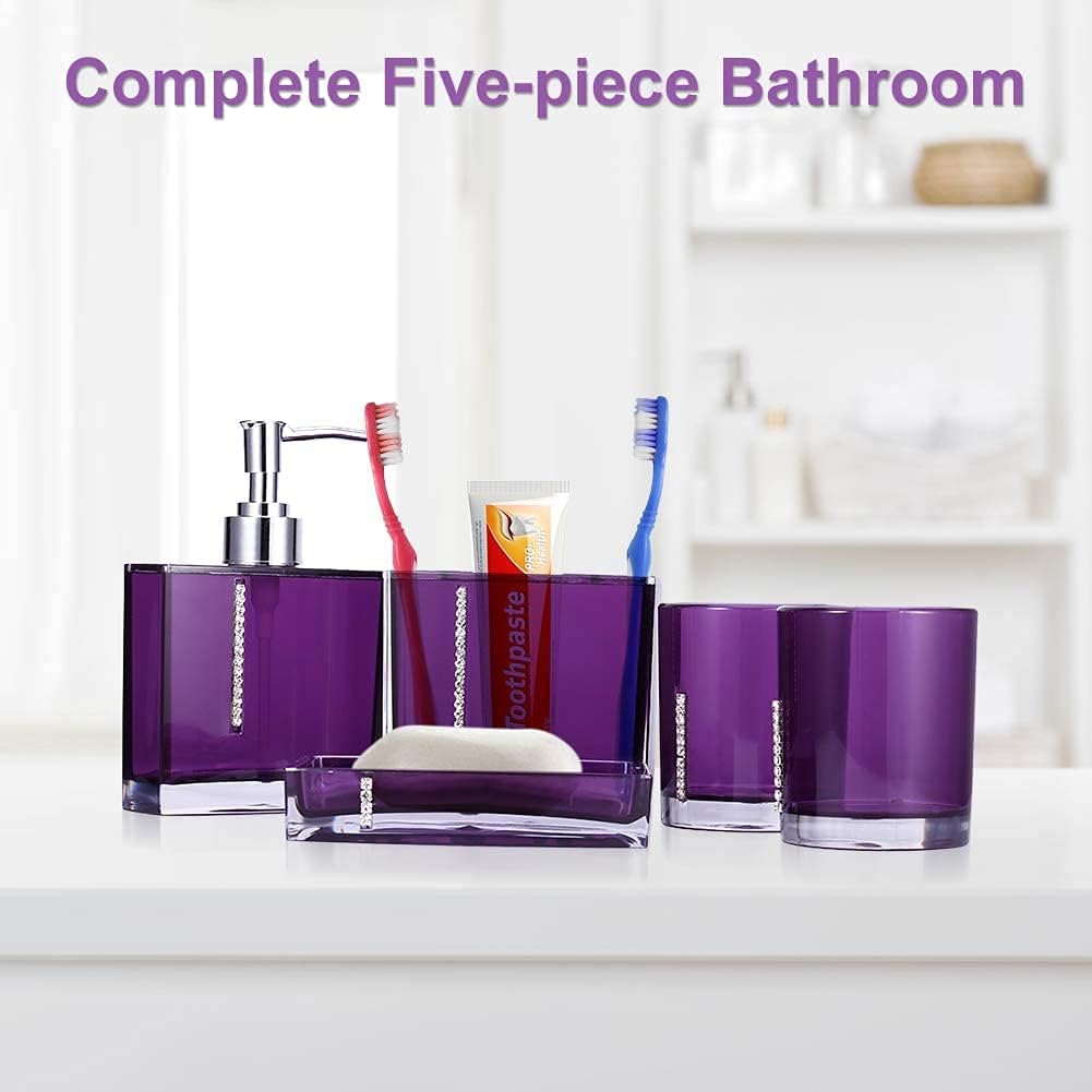 Bathroom Accessory Set, 5 Pcs Acrylic Gift Kit with Emulsion Bottle Tooth Brush Holder Dish Gargle Cup for Home Hotel Bathroom Travel
