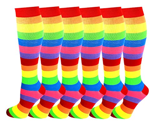 SUMONA 6 Pairs Women's Fancy Design Multi Colorful Patterned Knee High Socks (Neon Rainbow Stripes)