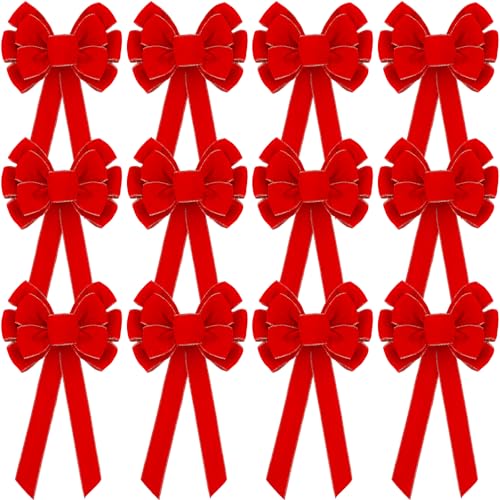 Lenwen 12 Pcs Large Red Christmas Velvet Bows Outdoor Big