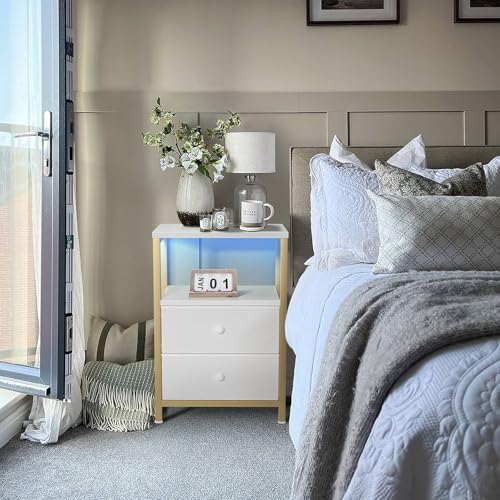 Image of BOLUO Nightstand with Charging Station, LED Night Stand with 2 Fabric Drawers, Bedside Table with USB Ports and Outlets, Nightstand for Bedroom Modern