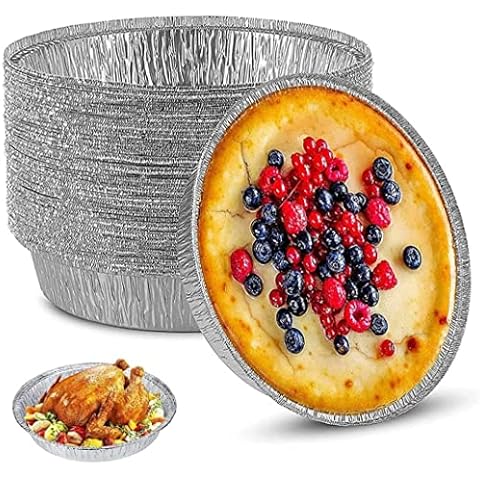 Disposable Foil Baking Trays, Aluminium Foil Tray Containers, Food Grade Foil Pie Cases, Round Aluminum Foil Pans 8 Inch for Baking, Steaming, Cooking, Storing, Freezing, Reheating, Silver 50PCS Cover