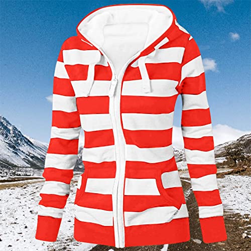 Striped Cardigan Hoodies For Women Trendy Fall Winter Clothes Long Sleeve Open Front Hooded Casual Jacket Pullover Top #TOP1