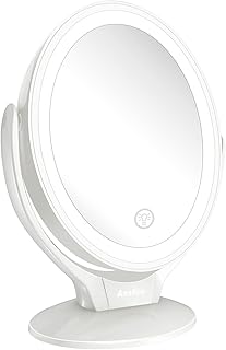Aesfee LED Lighted Makeup Vanity Mirror Rechargeable, 1x / 7x Magnification Double Sided Magnifying Mirror with Dimmable Touch Screen, Portable Illuminated Mirror for Travel, Bathroom (White)