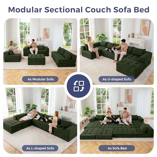 Image of MAXYOYO Modular Sectional Sofa Couch, Foldable U Shaped Cloud Couch with Pillows, Tufted 7-Seat Boneless Lounger Floor Sofa Bed for Living Room, No Assembly Required, Dark Green