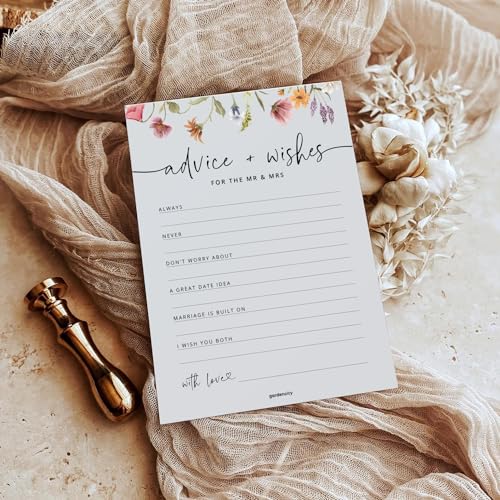 Advice and Wishes for the Mr and Mrs, Floral Wedding Advice Cards, Wildflower Bridal Shower Games for Bride, 50 Pack
