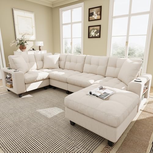 Sapgaks Canapé d'angle Convertible 6 Places avec USB,canapé Convertible 6 Places,canapé 6 Places,en Chenille,avec accoudoirs bibliothèque,Pouf Amovible...