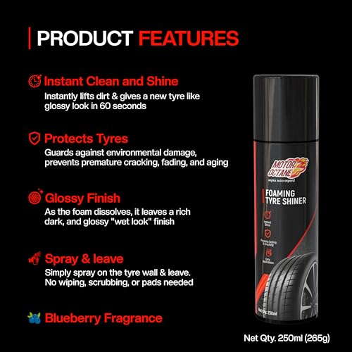 Image of Foaming Tyre Shiner | 250ml (265g) | Cleans Dirt Instantly & Restores Showroom-Like Wet Black Finish | Prevents Fading & Cracking | Easy Spray Application.