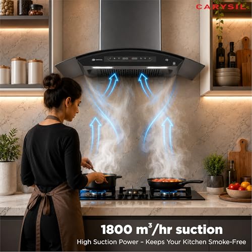 Image of Carysil Curvantis SilentX 90 cm BLDC Motor Kitchen Chimney, Curved Shape, 1800 m /hr Suction, Auto-Clean Filterless, 9+ Turbo & Gesture Control, LED Lamp, 12-Year Warranty - Black