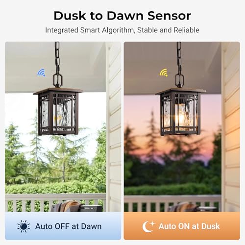 Image of Dusk to Dawn Outdoor Pendant Light, Oil Rubbed Bronze Hanging Porch Light, Exterior Pendant Lighting Fixture with Twilight Sensor, 100% Aluminium Exterior Chandelier with Adjustable Chain