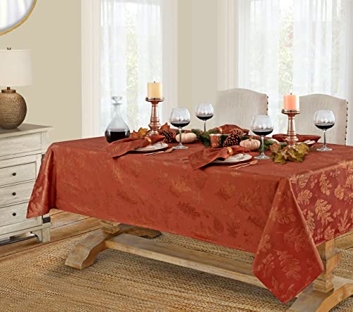 Newbridge Rust Gold Metallic Leaf Damask Fabric Winter Holiday Tablecloth, 60 x 144 Inch Rectangle, Rustic Swirling Leaves, Soil Resistant Easy Care Seasonal Dining Table Cover
