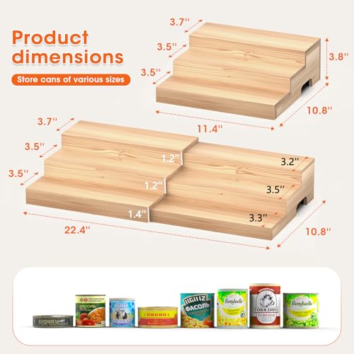 D-werack Expandable Can Rack Organizer for Pantry, 3 Tier Wooden Can holder, Canned Goods Organizer Holds Up to 24 Cans Soda, Cannd Food Storage Display for Cabinet, Pantry, Kicthen Countertop
