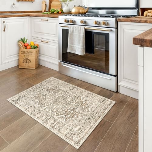 KUTA Vintage Small Area Rug 2x3 Beige Brown Washable Entryway Rugs Non-Slip Ultra Soft Printed Medallion Distressed Floral Small Accent Carpet Farmhouse Throw Doormat for Entrance