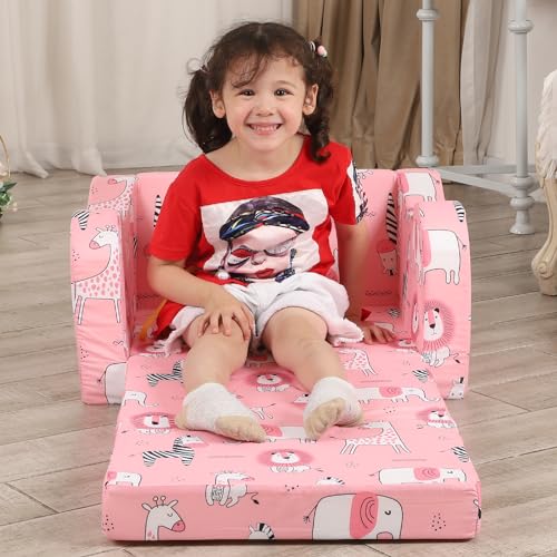 MOMCAYWEX Pink Kids Sofa, 2-in-1 Kids Couch Fold Out, Convertible Sofa to Bed for Girls and Boys