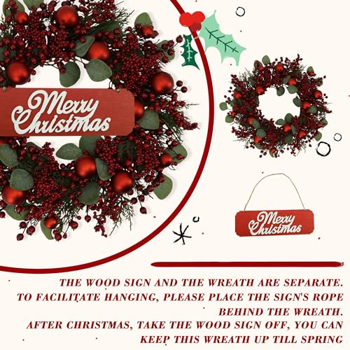 Image of YNYLCHMX 20 Inch Christmas Wreath for Front Door, Winter Wreath with Welcome Sign Pine Needle Red Berry Ornaments, Artificial Door Xmas Wreaths for Window Fireplace Farmhouse Holiday Party Decoration