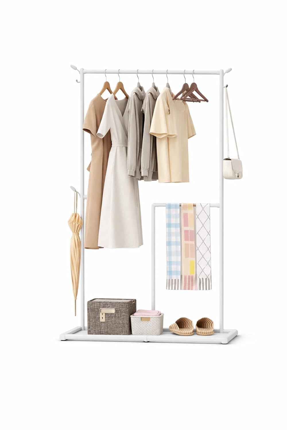 Vasukie Heavy Duty Metal Clothes Rack with Bottom Storage Shelf & Side Hooks | Freestanding Garment Stand | Wardrobe Organizer for Bedroom, Living Room & Entryway (162.5 * 80.5 * 32.5) WHITE NEW-image-8